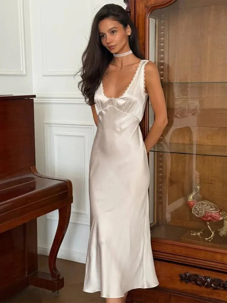 Angie Deep Neck Satin Midi Dress