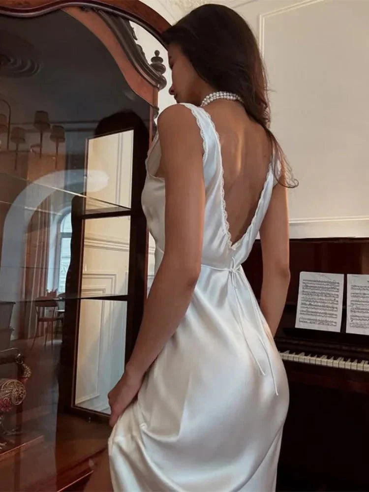Angie Deep Neck Satin Midi Dress