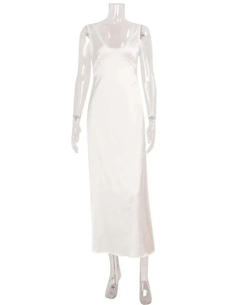 Angie Deep Neck Satin Midi Dress