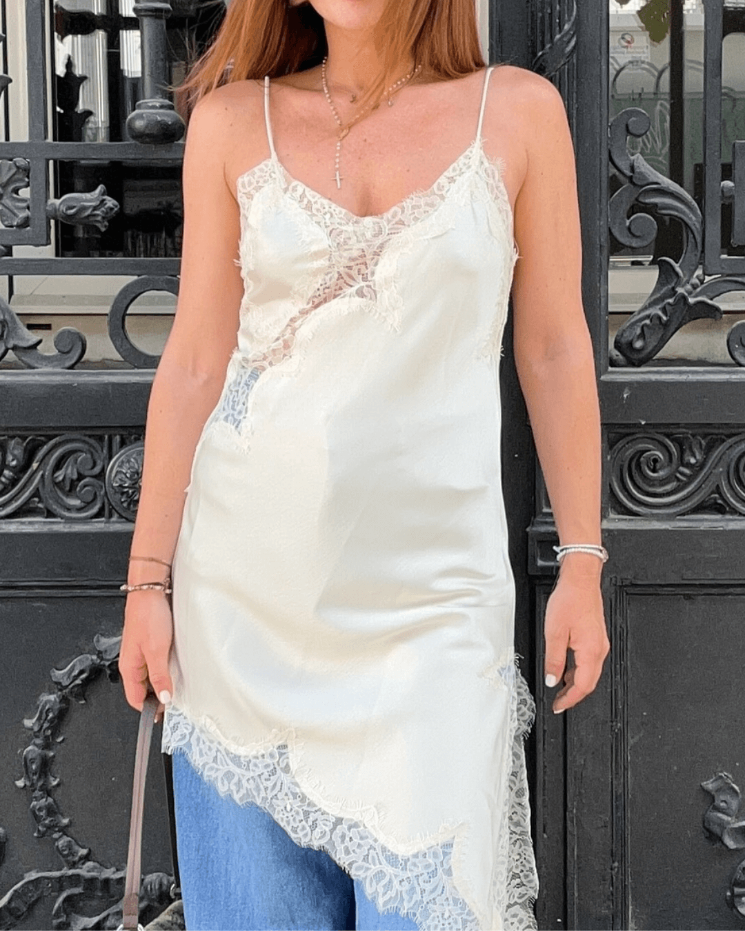 Arah Asymmetric Satin Lace Midi Dress