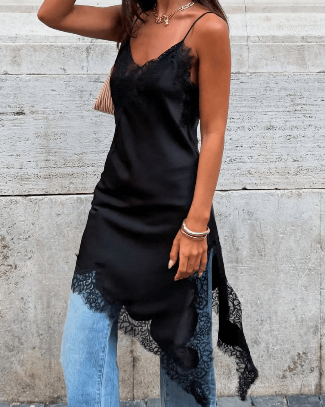 Arah Asymmetric Satin Lace Midi Dress