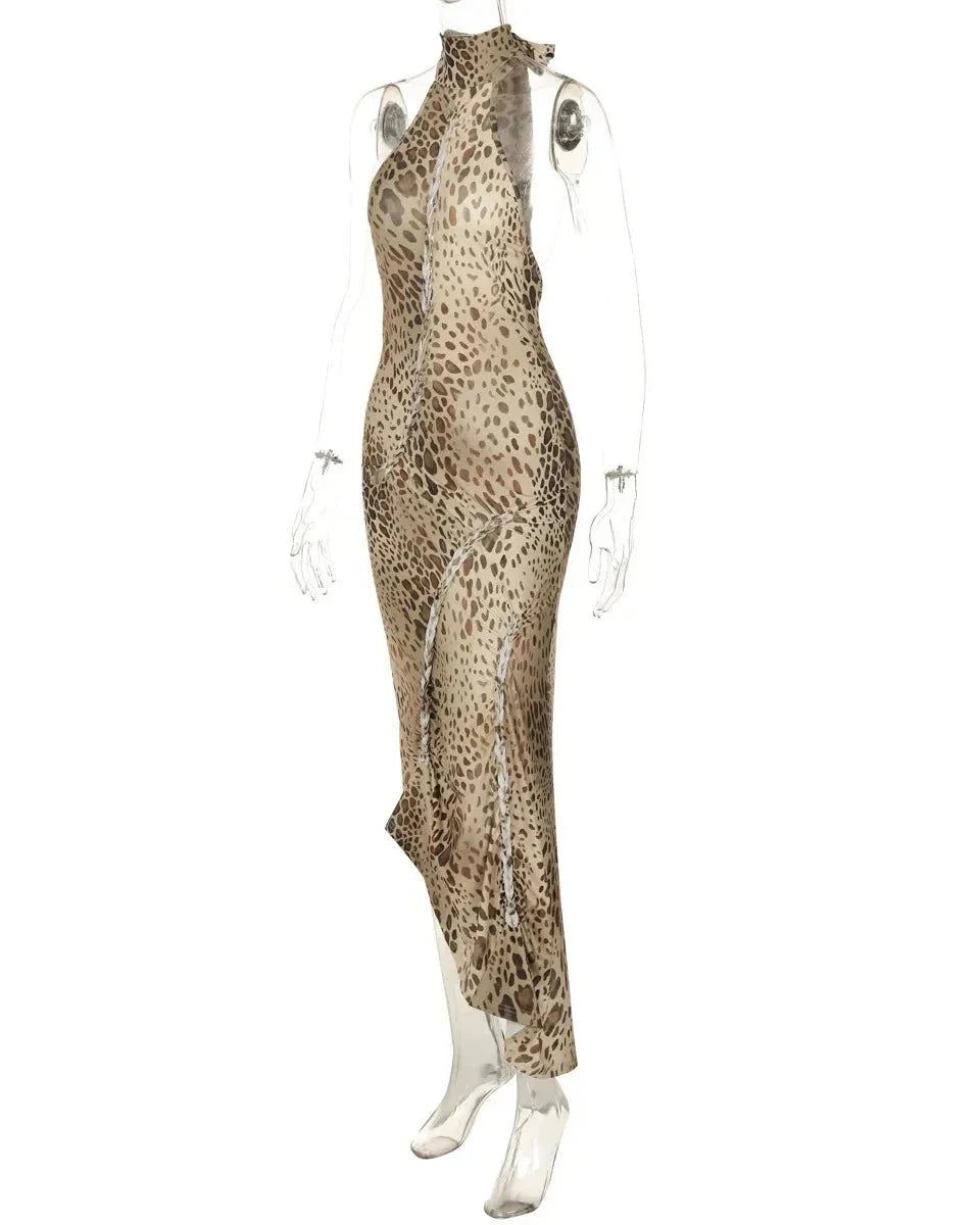 Cindy Leopard Halter Neck Maxi Dress