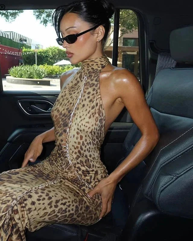 Cindy Leopard Halter Neck Maxi Dress