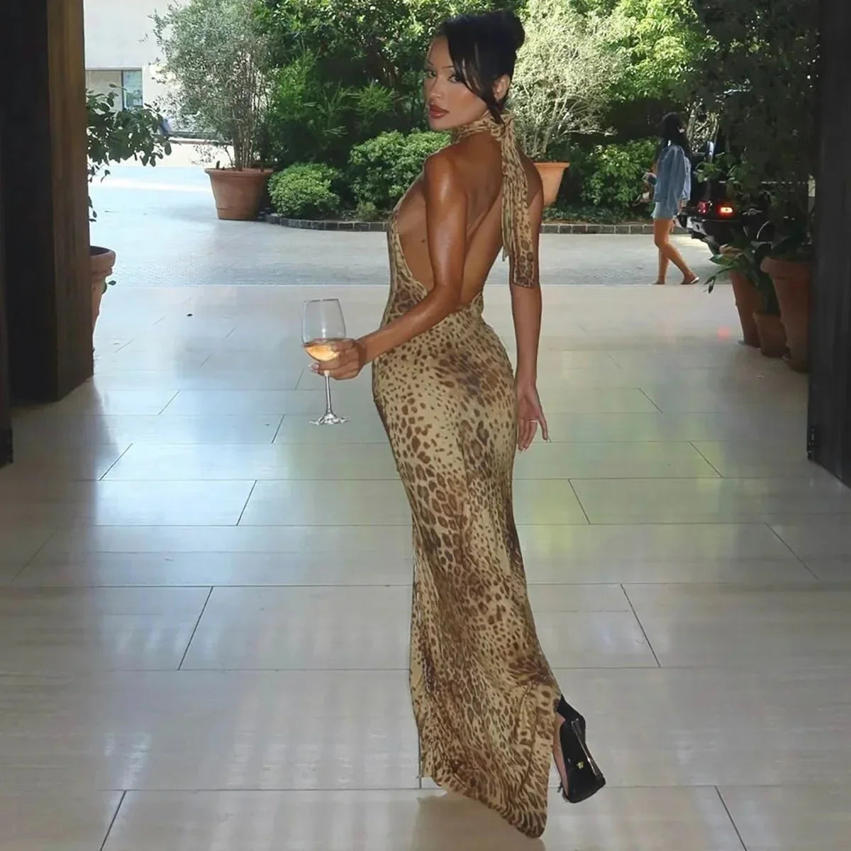 Cindy Leopard Halter Neck Maxi Dress