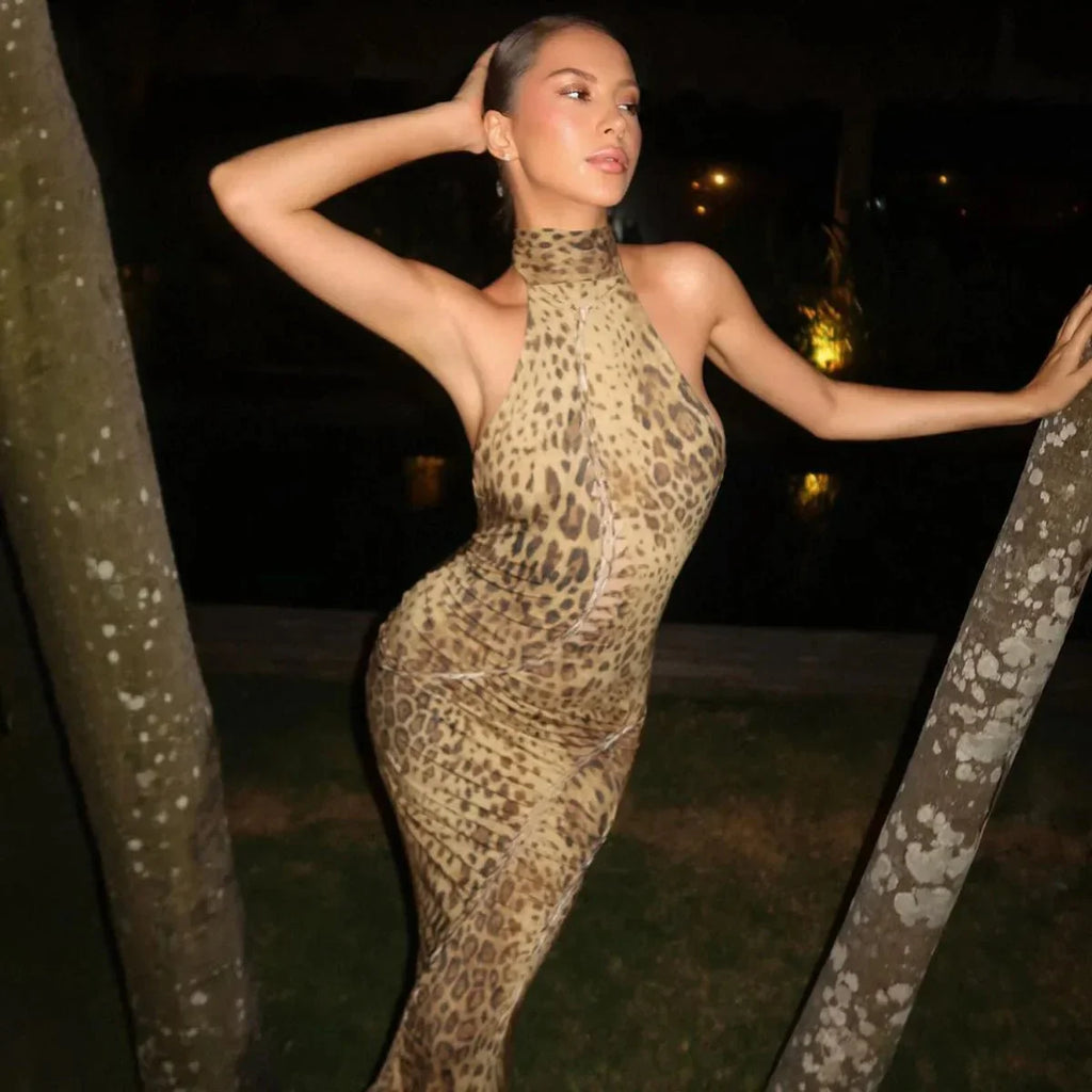 Cindy Leopard Halter Neck Maxi Dress