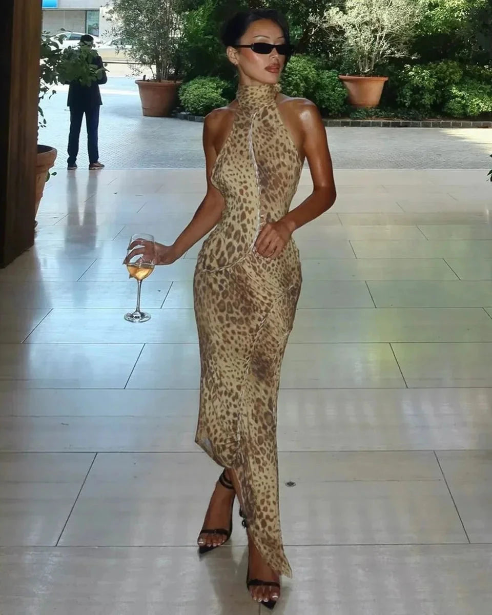 Cindy Leopard Halter Neck Maxi Dress