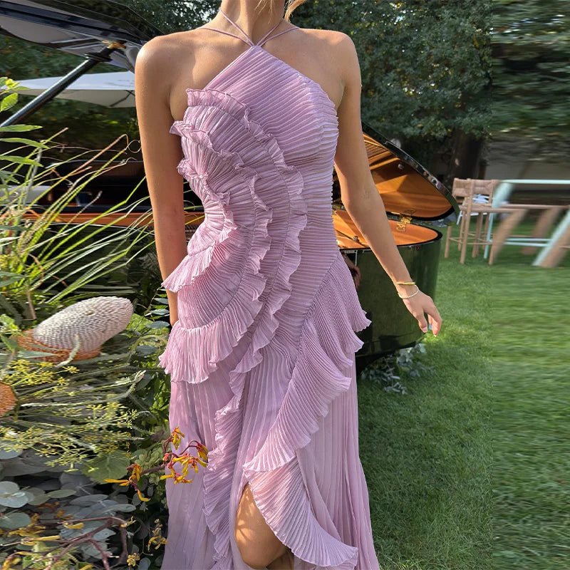 Ruffa Halter Strap Ruffled Tule Dress