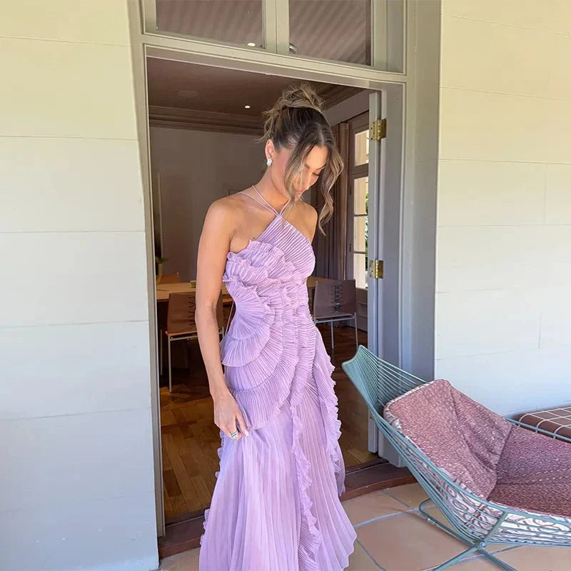 Ruffa Halter Strap Ruffled Tule Dress